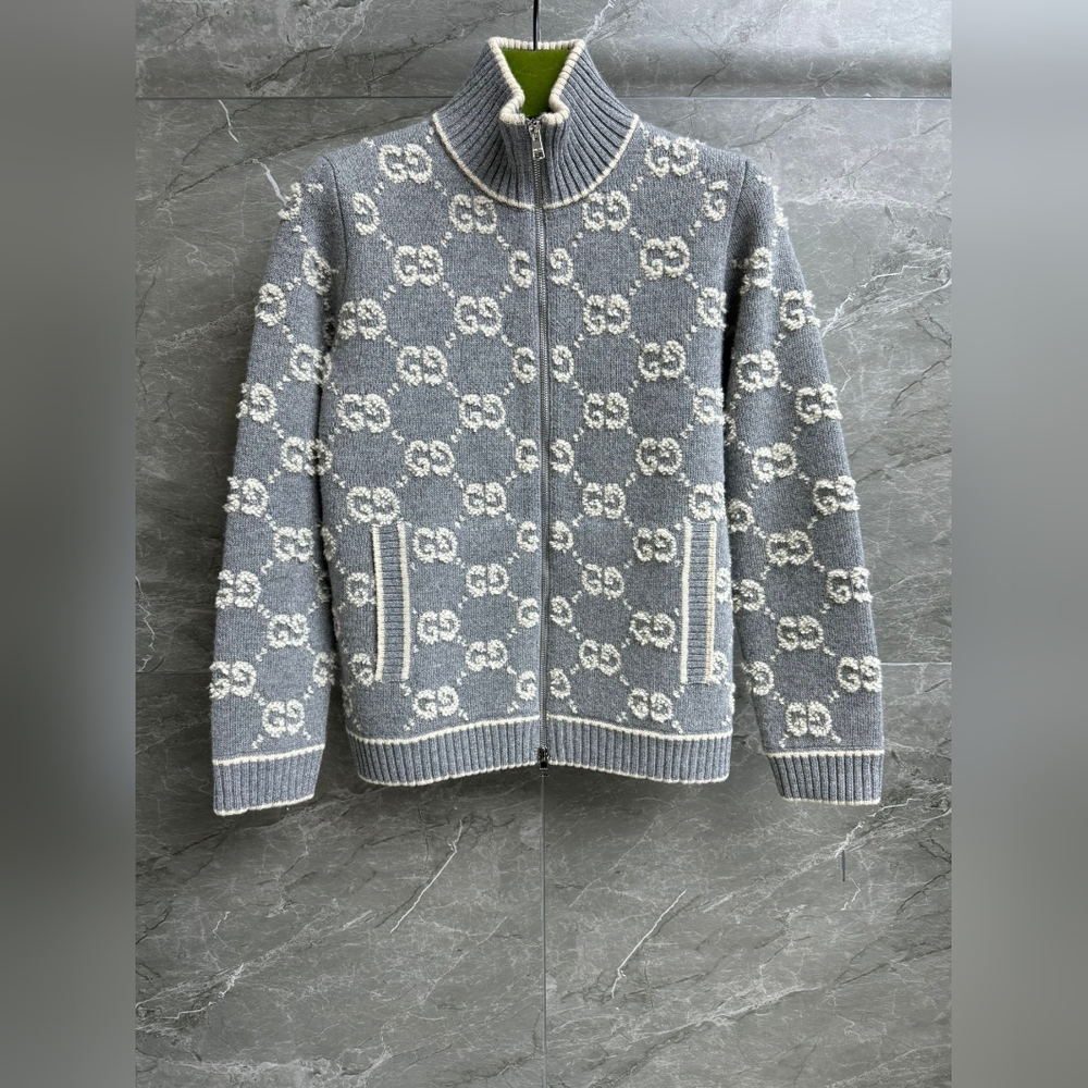 Gucci Gray and White GG Wool Zip-Up cardigan